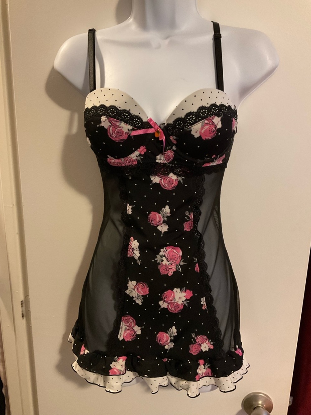 Jessica Simpson Black Mesh Floral Chemise with Pink Rose Accents